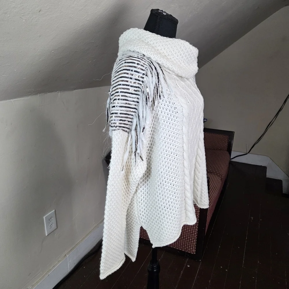 NWT Twinset‎ Milano Fringe Knit Sweater M Ivory Chunky Cable Knit Cowl Neck